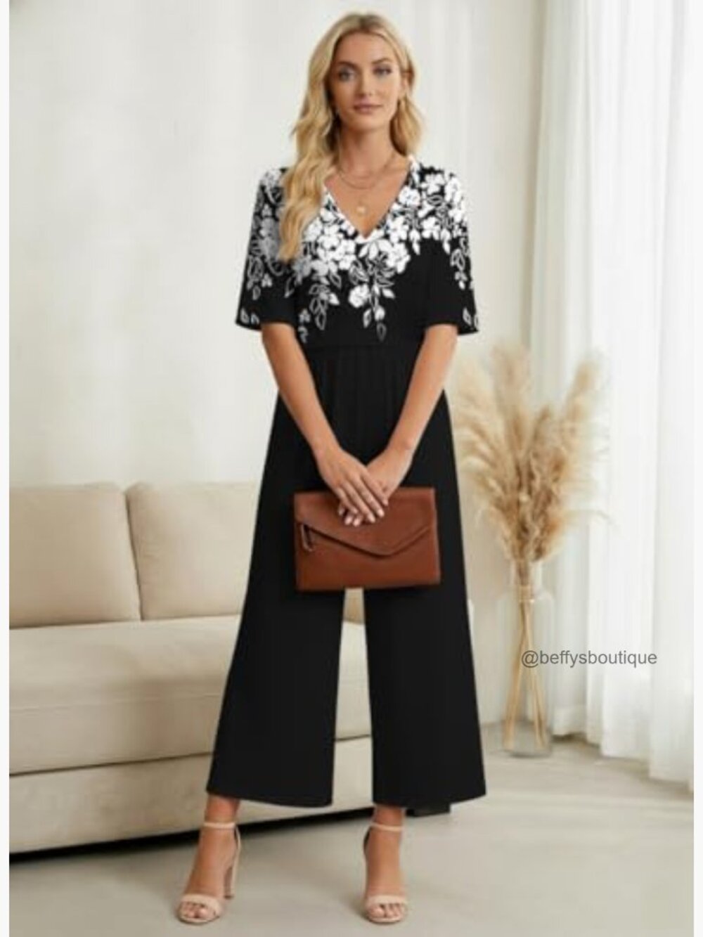 Wide Leg Jumpsuit with Pockets V Neck Short Sleeve Floral - Picture 3 of 7